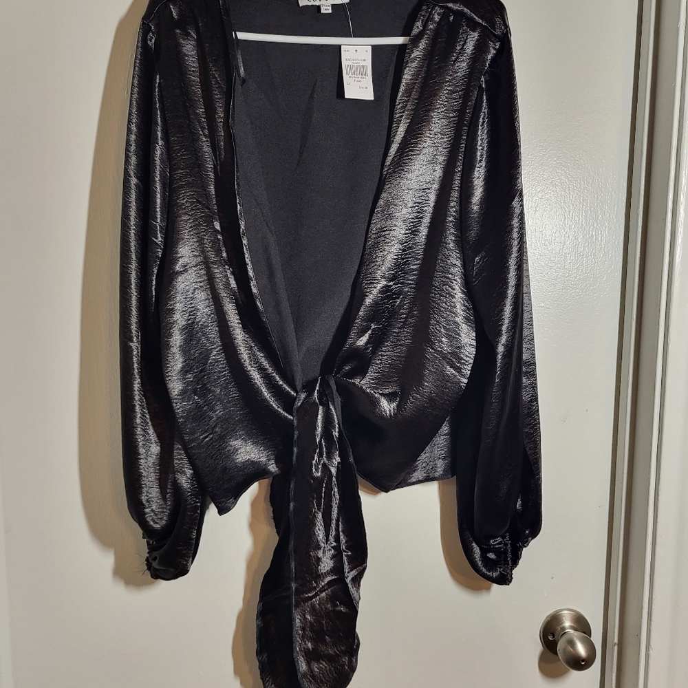Black satin tie front crop top